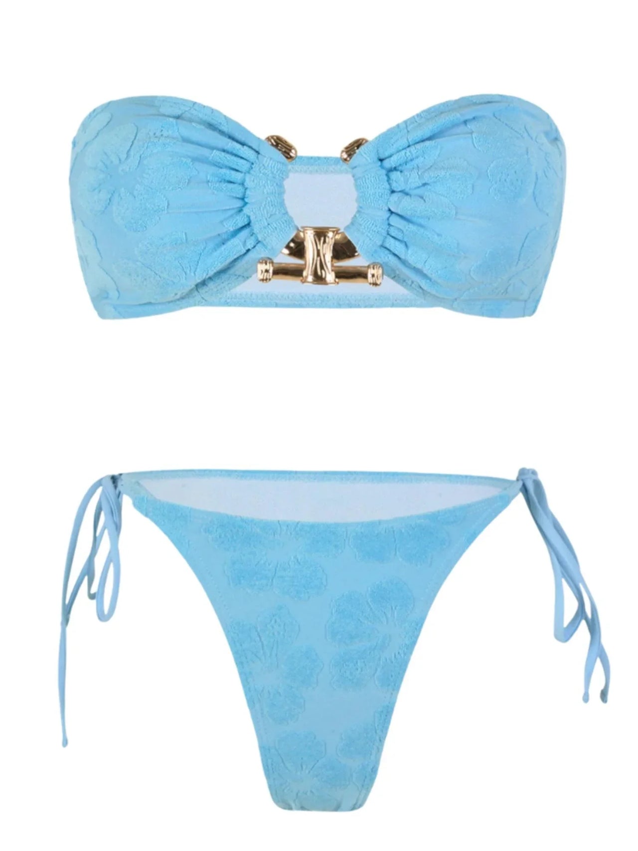 light blue bikini set with a bow design on a white background
