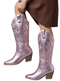 Thumbnail for Metallic Cowboy Boots Pink Western Cowgirl Boots For Women Pointed Toe Stacked Heeled Mid Calf Embroideried Shoes, Drestiny, Boots, Cowgirl Boots, Cowboy Boots, United States, USA, Canada, Australia, New Zealand, United Kingdom, UK, Metallic Pink, Metallic Silver, Metallic Green, Black Matte, Green Matte, Deep Pink, Gold, 5, 6, 6.5, 7.5, 8.5, 9, 9.5, 10, 10.5, silver cowboy boots, gold cowboy boots, shopdrestiny.com