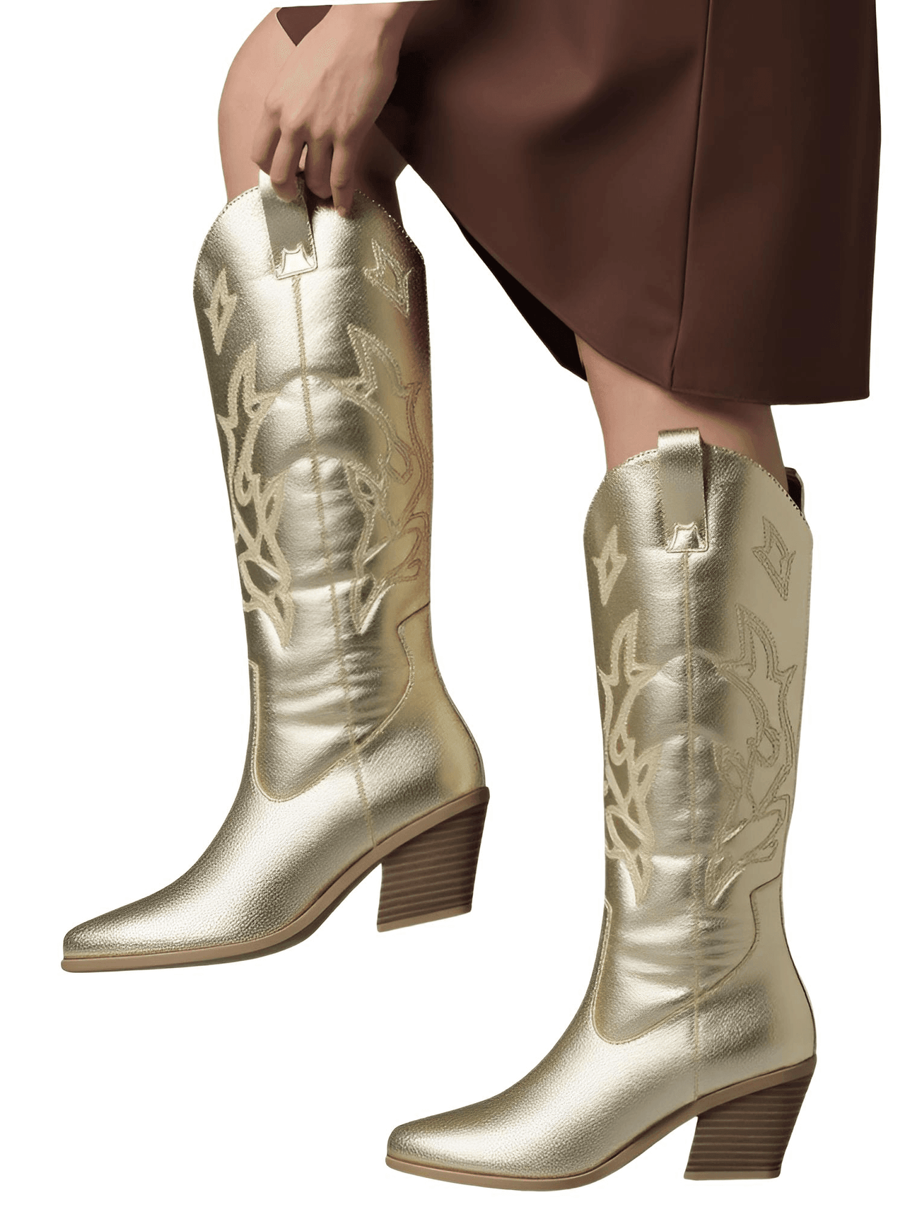 Metallic Cowboy Boots Pink Western Cowgirl Boots For Women Pointed Toe Stacked Heeled Mid Calf Embroideried Shoes, Drestiny, Boots, Cowgirl Boots, Cowboy Boots, United States, USA, Canada, Australia, New Zealand, United Kingdom, UK, Metallic Pink, Metallic Silver, Metallic Green, Black Matte, Green Matte, Deep Pink, Gold, 5, 6, 6.5, 7.5, 8.5, 9, 9.5, 10, 10.5, silver cowboy boots, gold cowboy boots, shopdrestiny.com