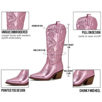 Thumbnail for Metallic Cowboy Boots Pink Western Cowgirl Boots For Women Pointed Toe Stacked Heeled Mid Calf Embroideried Shoes, Drestiny, Boots, Cowgirl Boots, Cowboy Boots, United States, USA, Canada, Australia, New Zealand, United Kingdom, UK, Metallic Pink, Metallic Silver, Metallic Green, Black Matte, Green Matte, Deep Pink, Gold, 5, 6, 6.5, 7.5, 8.5, 9, 9.5, 10, 10.5, silver cowboy boots, gold cowboy boots, shopdrestiny.com