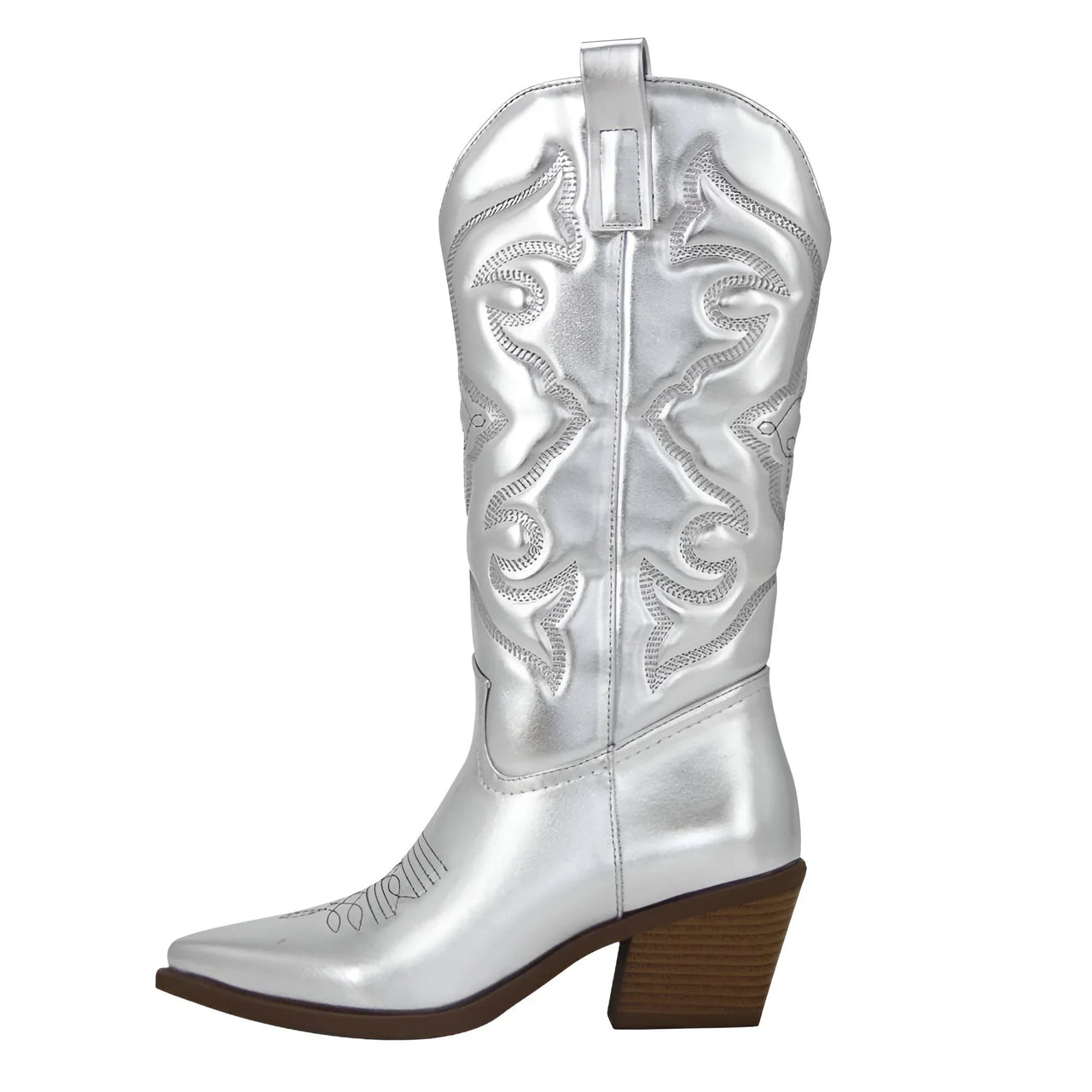 Metallic Cowboy Boots Pink Western Cowgirl Boots For Women Pointed Toe Stacked Heeled Mid Calf Embroideried Shoes, Drestiny, Boots, Cowgirl Boots, Cowboy Boots, United States, USA, Canada, Australia, New Zealand, United Kingdom, UK, Metallic Pink, Metallic Silver, Metallic Green, Black Matte, Green Matte, Deep Pink, Gold, 5, 6, 6.5, 7.5, 8.5, 9, 9.5, 10, 10.5, silver cowboy boots, gold cowboy boots, shopdrestiny.com