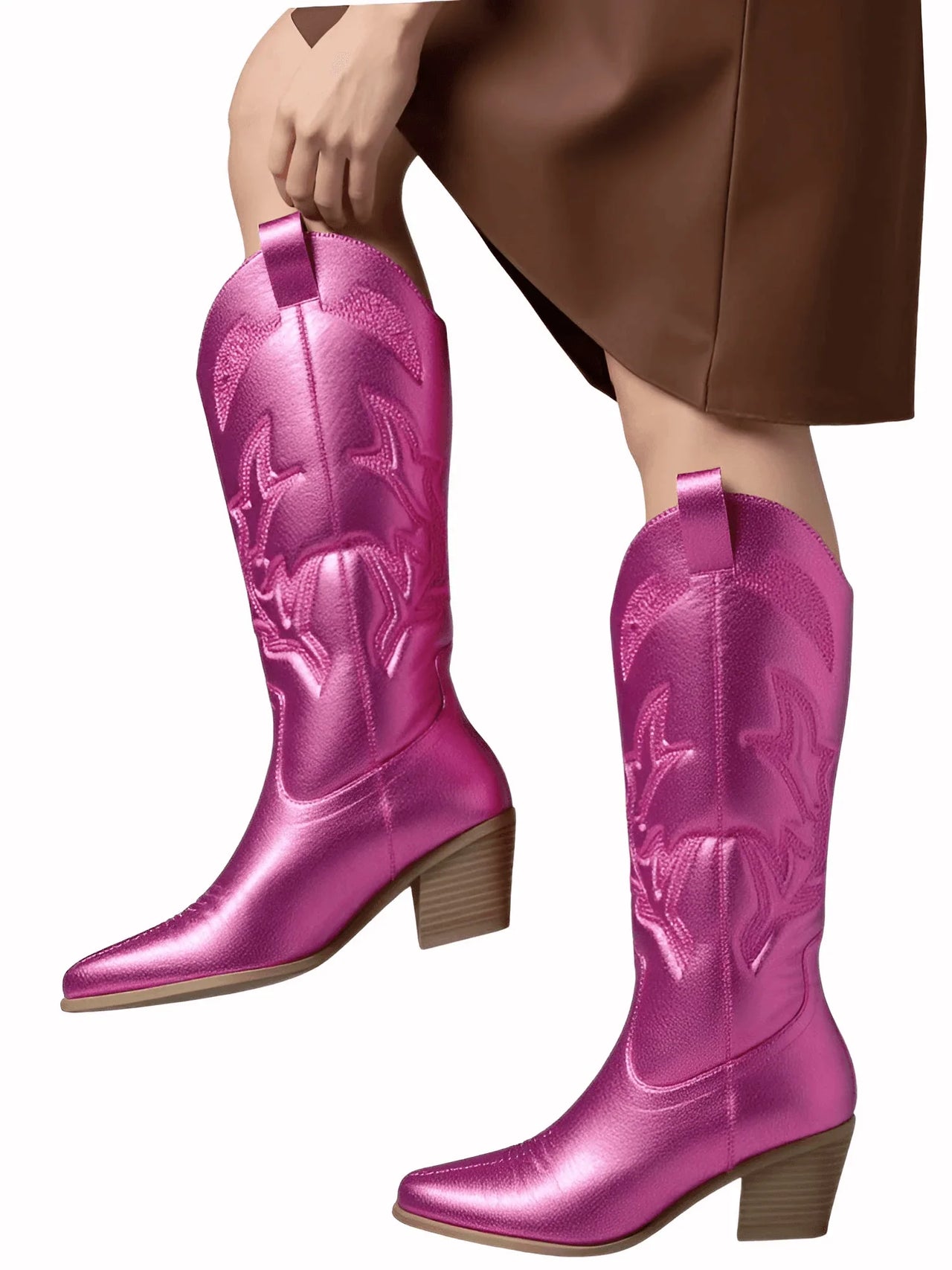 Metallic Cowboy Boots Pink Western Cowgirl Boots For Women Pointed Toe Stacked Heeled Mid Calf Embroideried Shoes, Drestiny, Boots, Cowgirl Boots, Cowboy Boots, United States, USA, Canada, Australia, New Zealand, United Kingdom, UK, Metallic Pink, Metallic Silver, Metallic Green, Black Matte, Green Matte, Deep Pink, Gold, 5, 6, 6.5, 7.5, 8.5, 9, 9.5, 10, 10.5, silver cowboy boots, gold cowboy boots, shopdrestiny.com