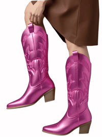 Thumbnail for Metallic Cowboy Boots Pink Western Cowgirl Boots For Women Pointed Toe Stacked Heeled Mid Calf Embroideried Shoes, Drestiny, Boots, Cowgirl Boots, Cowboy Boots, United States, USA, Canada, Australia, New Zealand, United Kingdom, UK, Metallic Pink, Metallic Silver, Metallic Green, Black Matte, Green Matte, Deep Pink, Gold, 5, 6, 6.5, 7.5, 8.5, 9, 9.5, 10, 10.5, silver cowboy boots, gold cowboy boots, shopdrestiny.com