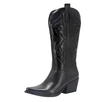 Thumbnail for Metallic Cowboy Boots Pink Western Cowgirl Boots For Women Pointed Toe Stacked Heeled Mid Calf Embroidered Shoes