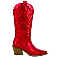 Thumbnail for Metallic Cowboy Boots Pink Western Cowgirl Boots For Women Pointed Toe Stacked Heeled Mid Calf Embroideried Shoes, Drestiny, Red, Boots, Cowgirl Boots, Cowboy Boots, United States, USA, Canada, Australia, New Zealand, United Kingdom, UK, Metallic Pink, Metallic Silver, Metallic Green, Black Matte, Green Matte, Deep Pink, Gold, 5, 6, 6.5, 7.5, 8.5, 9, 9.5, 10, 10.5, silver cowboy boots, gold cowboy boots, shopdrestiny.com