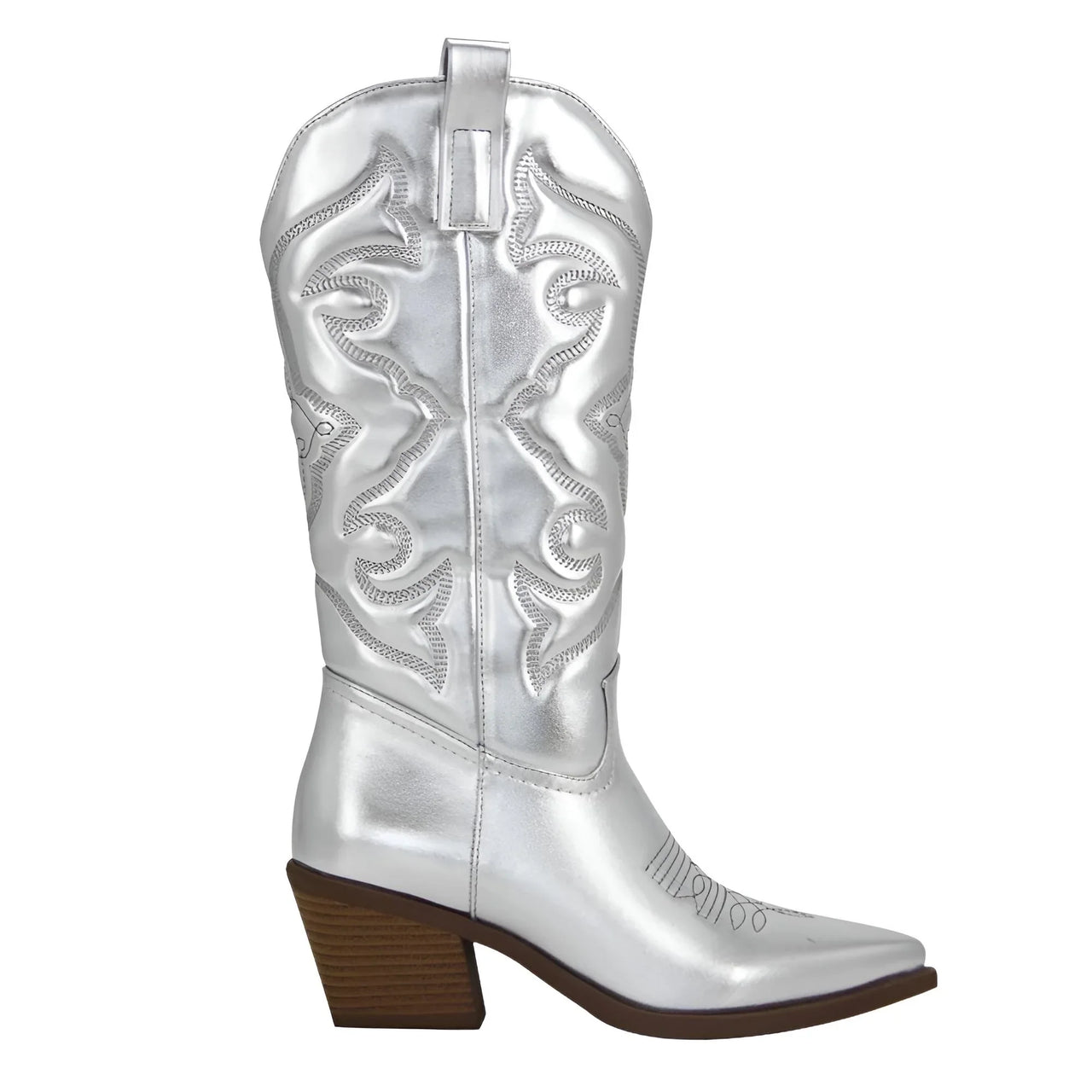 Metallic Cowboy Boots Pink Western Cowgirl Boots For Women Pointed Toe Stacked Heeled Mid Calf Embroideried Shoes, Drestiny, Boots, Cowgirl Boots, Cowboy Boots, United States, USA, Canada, Australia, New Zealand, United Kingdom, UK, Metallic Pink, Metallic Silver, Metallic Green, Black Matte, Green Matte, Deep Pink, Gold, 5, 6, 6.5, 7.5, 8.5, 9, 9.5, 10, 10.5, silver cowboy boots, gold cowboy boots, shopdrestiny.com