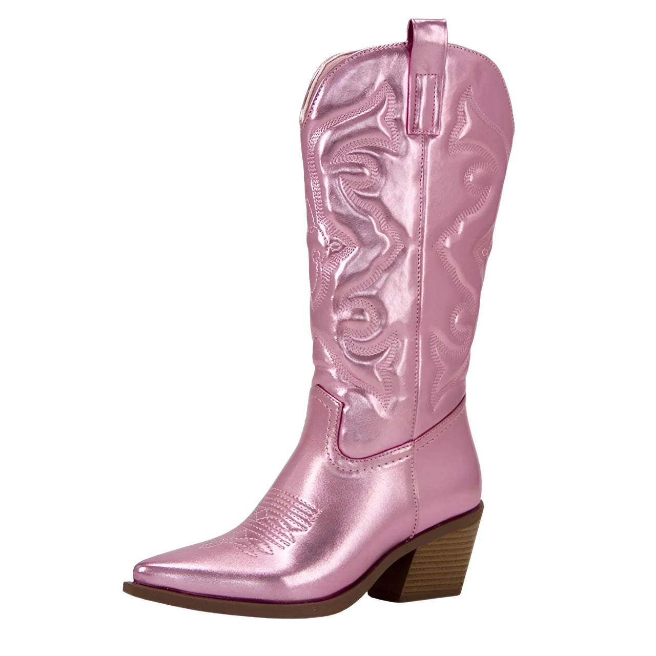Metallic Cowboy Boots Pink Western Cowgirl Boots For Women Pointed Toe Stacked Heeled Mid Calf Embroideried Shoes, Drestiny, Boots, Cowgirl Boots, Cowboy Boots, United States, USA, Canada, Australia, New Zealand, United Kingdom, UK, Metallic Pink, Metallic Silver, Metallic Green, Black Matte, Green Matte, Deep Pink, Gold, 5, 6, 6.5, 7.5, 8.5, 9, 9.5, 10, 10.5, silver cowboy boots, gold cowboy boots, shopdrestiny.com