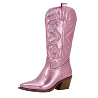 Thumbnail for Metallic Cowboy Boots Pink Western Cowgirl Boots For Women Pointed Toe Stacked Heeled Mid Calf Embroideried Shoes, Drestiny, Boots, Cowgirl Boots, Cowboy Boots, United States, USA, Canada, Australia, New Zealand, United Kingdom, UK, Metallic Pink, Metallic Silver, Metallic Green, Black Matte, Green Matte, Deep Pink, Gold, 5, 6, 6.5, 7.5, 8.5, 9, 9.5, 10, 10.5, silver cowboy boots, gold cowboy boots, shopdrestiny.com