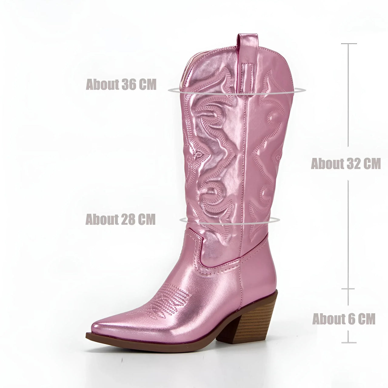 Metallic Cowboy Boots Pink Western Cowgirl Boots For Women Pointed Toe Stacked Heeled Mid Calf Embroideried Shoes, Drestiny, Boots, Cowgirl Boots, Cowboy Boots, United States, USA, Canada, Australia, New Zealand, United Kingdom, UK, Metallic Pink, Metallic Silver, Metallic Green, Black Matte, Green Matte, Deep Pink, Gold, 5, 6, 6.5, 7.5, 8.5, 9, 9.5, 10, 10.5, silver cowboy boots, gold cowboy boots, shopdrestiny.com