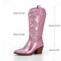 Thumbnail for Metallic Cowboy Boots Pink Western Cowgirl Boots For Women Pointed Toe Stacked Heeled Mid Calf Embroideried Shoes, Drestiny, Boots, Cowgirl Boots, Cowboy Boots, United States, USA, Canada, Australia, New Zealand, United Kingdom, UK, Metallic Pink, Metallic Silver, Metallic Green, Black Matte, Green Matte, Deep Pink, Gold, 5, 6, 6.5, 7.5, 8.5, 9, 9.5, 10, 10.5, silver cowboy boots, gold cowboy boots, shopdrestiny.com