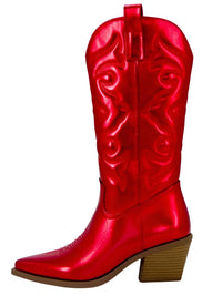 Thumbnail for Metallic Cowboy Boots Pink Western Cowgirl Boots For Women Pointed Toe Stacked Heeled Mid Calf Embroideried Shoes, Drestiny, Red, Boots, Cowgirl Boots, Cowboy Boots, United States, USA, Canada, Australia, New Zealand, United Kingdom, UK, Metallic Pink, Metallic Silver, Metallic Green, Black Matte, Green Matte, Deep Pink, Gold, 5, 6, 6.5, 7.5, 8.5, 9, 9.5, 10, 10.5, silver cowboy boots, gold cowboy boots, shopdrestiny.com