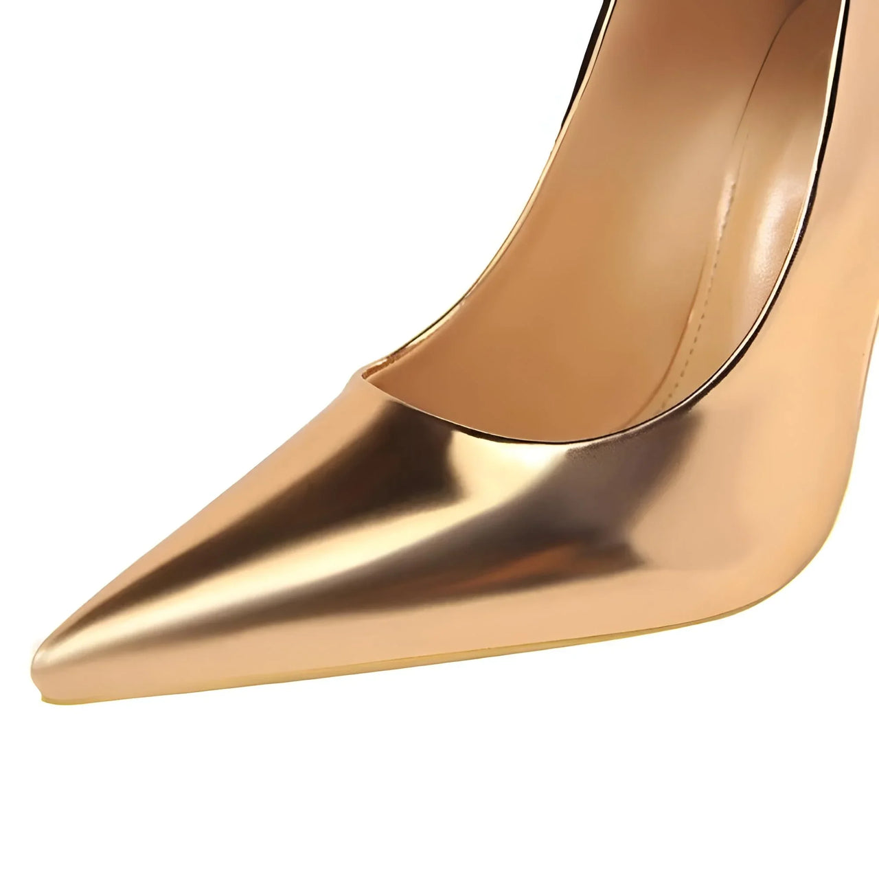 Close-up of a high-heeled shoe with a champagne heel and beige upper on a white background