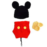 Thumbnail for Set of crocheted Mickey Mouse hat, diaper cover, and booties on a white background