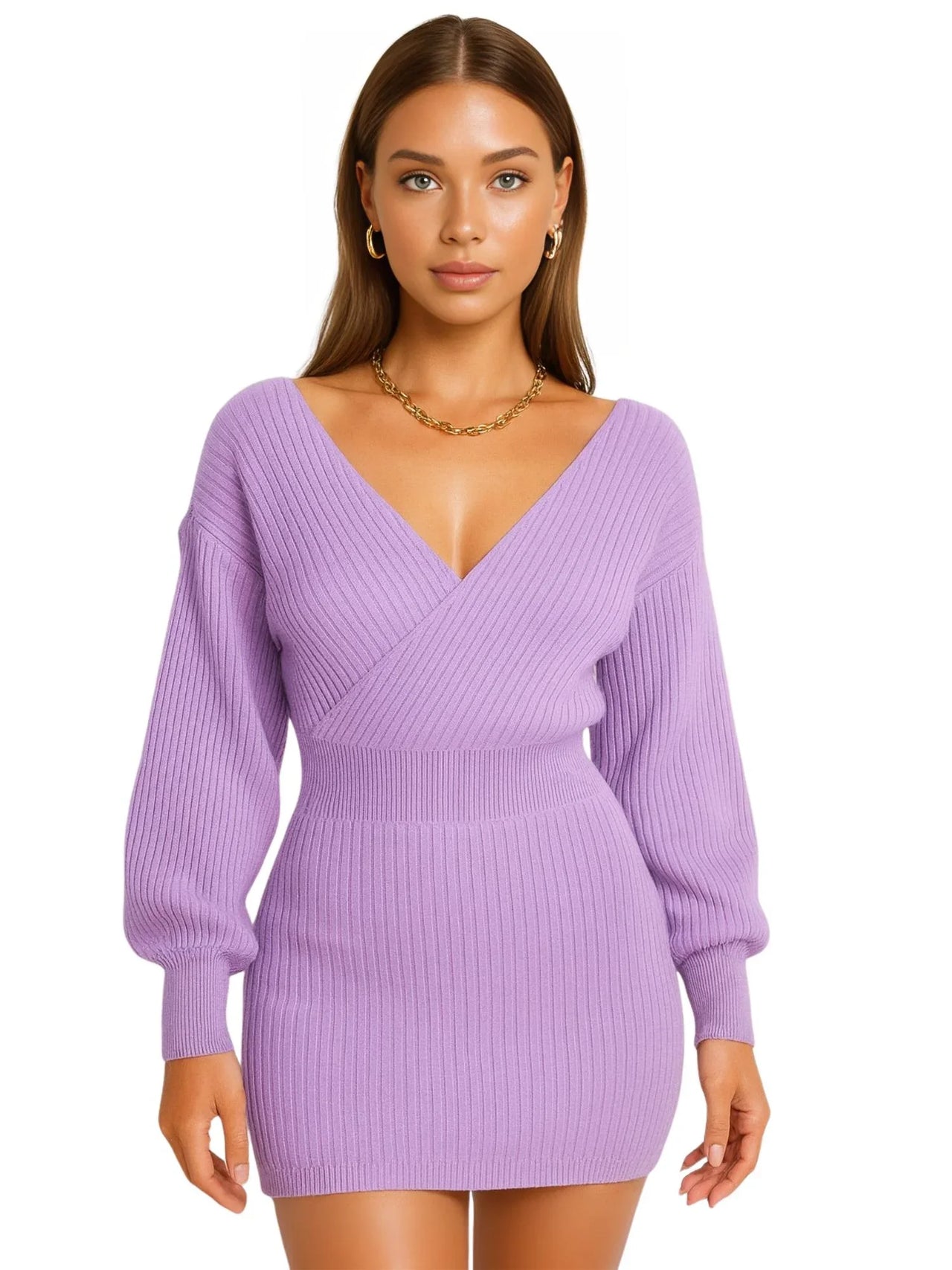 Woman wearing a mini purple sweater dress on a white background