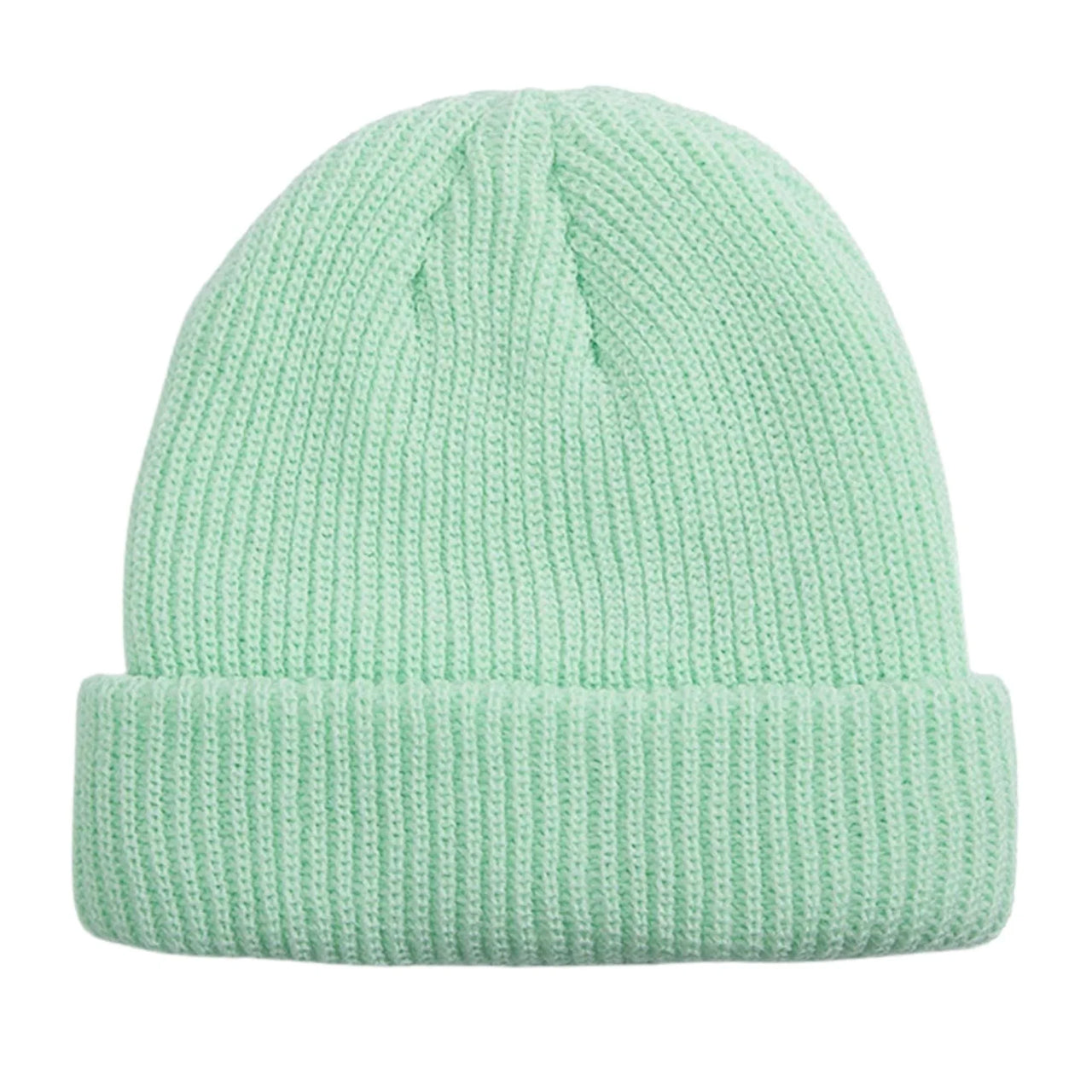 Mint green knit beanie on a white background