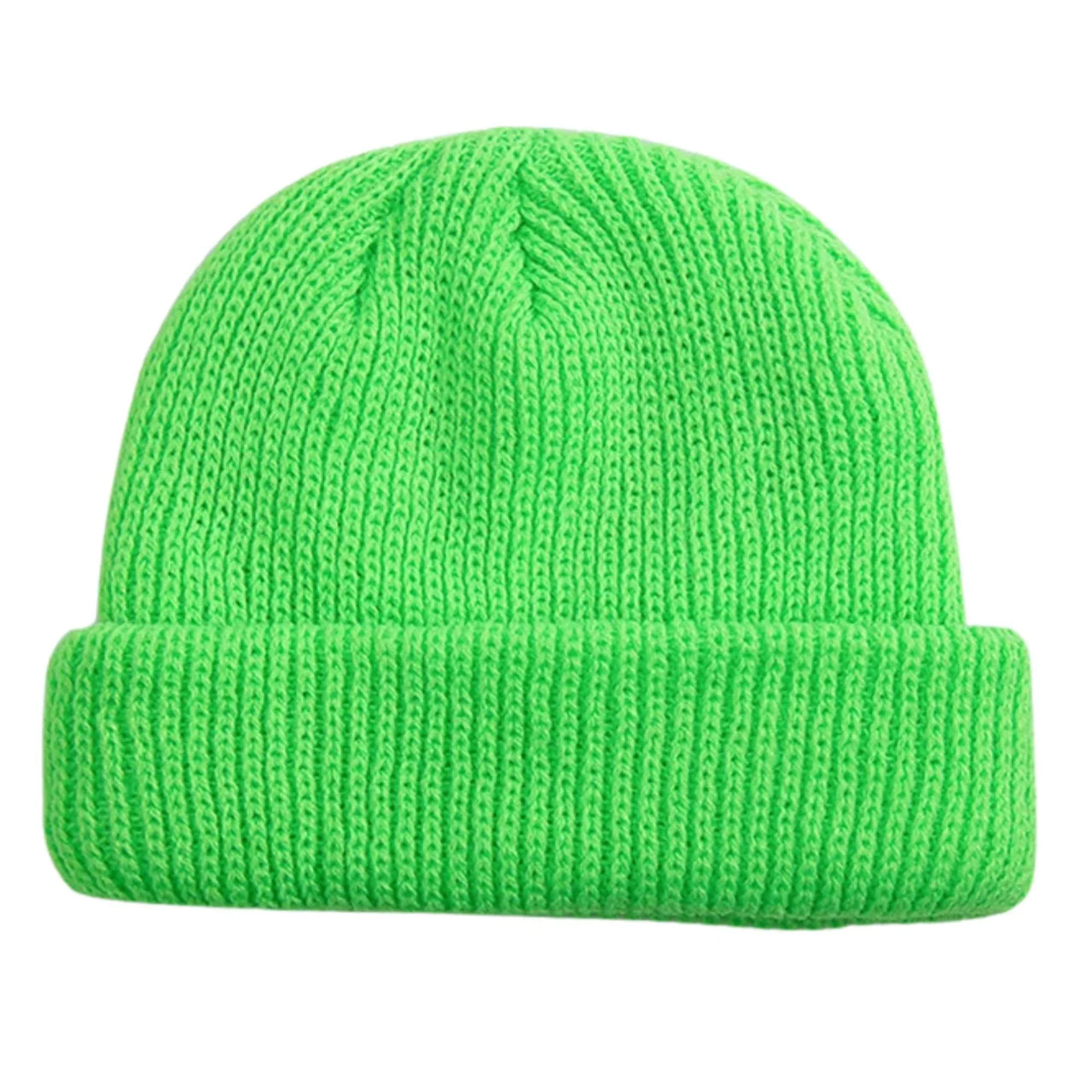 Neon green knit beanie on a white background