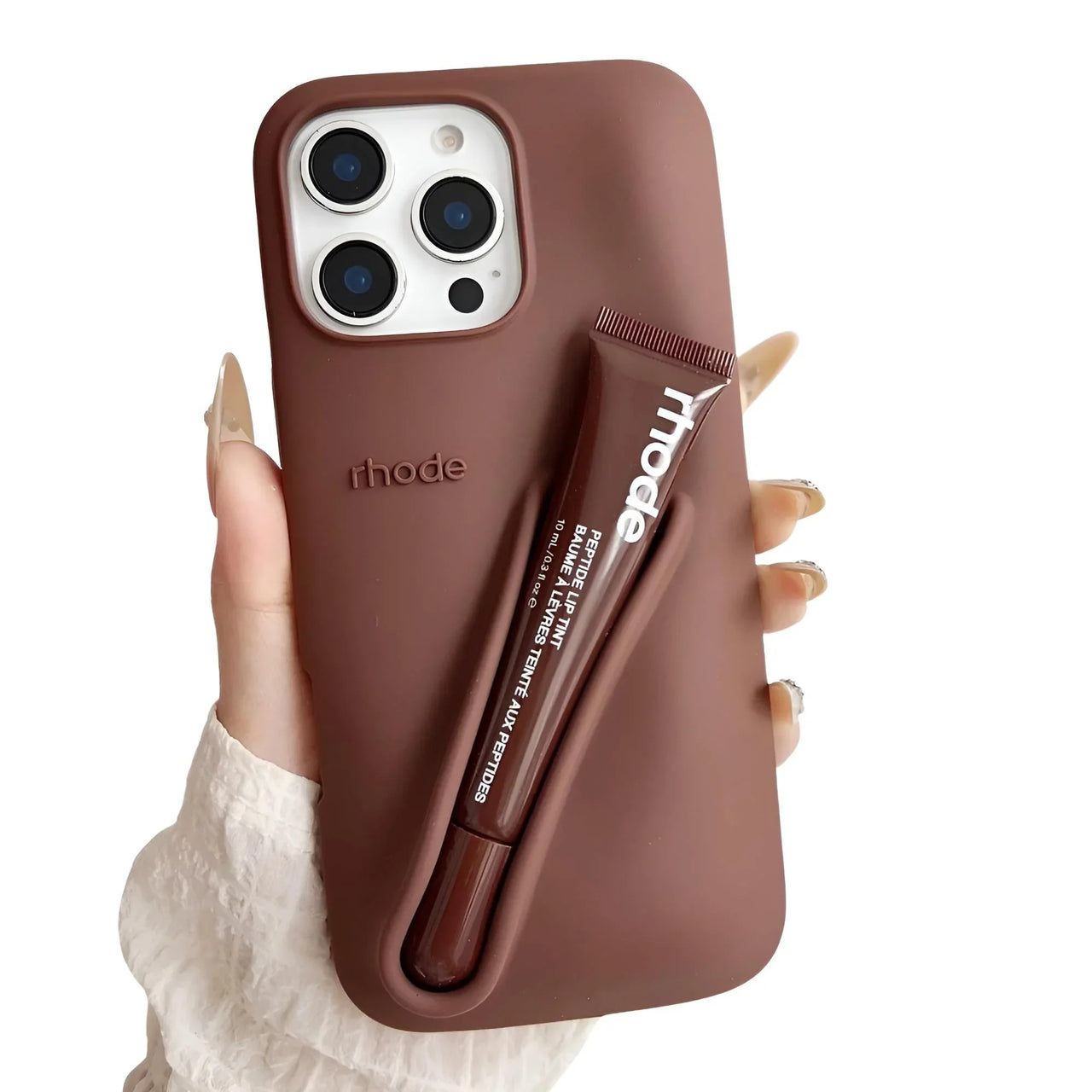 Brown silicone lipstick iPhone case with a lip gloss holder and 'Rhode' branding on a white background