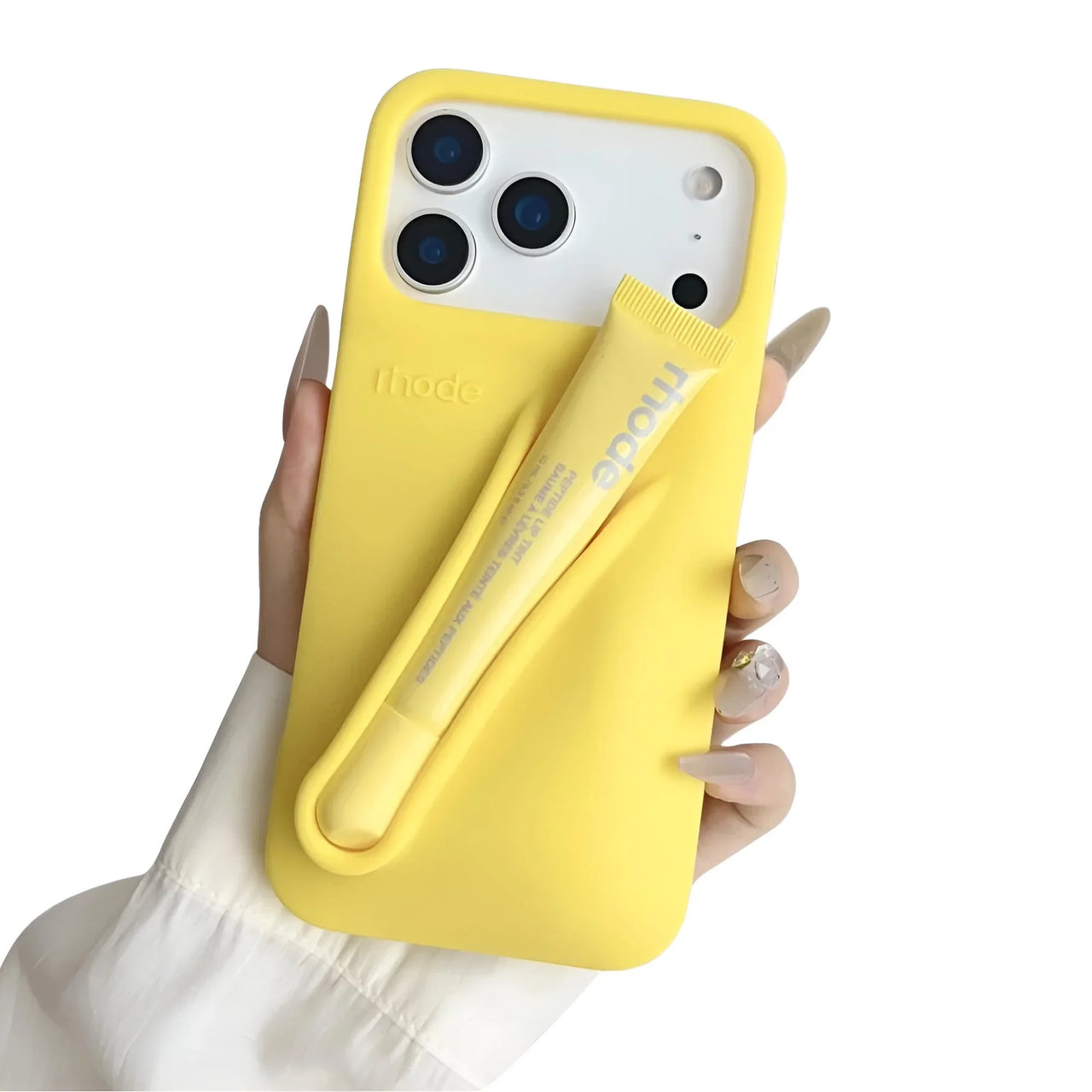 Yellow silicone lipstick iPhone case with a matching lip gloss held by a hand on a white background