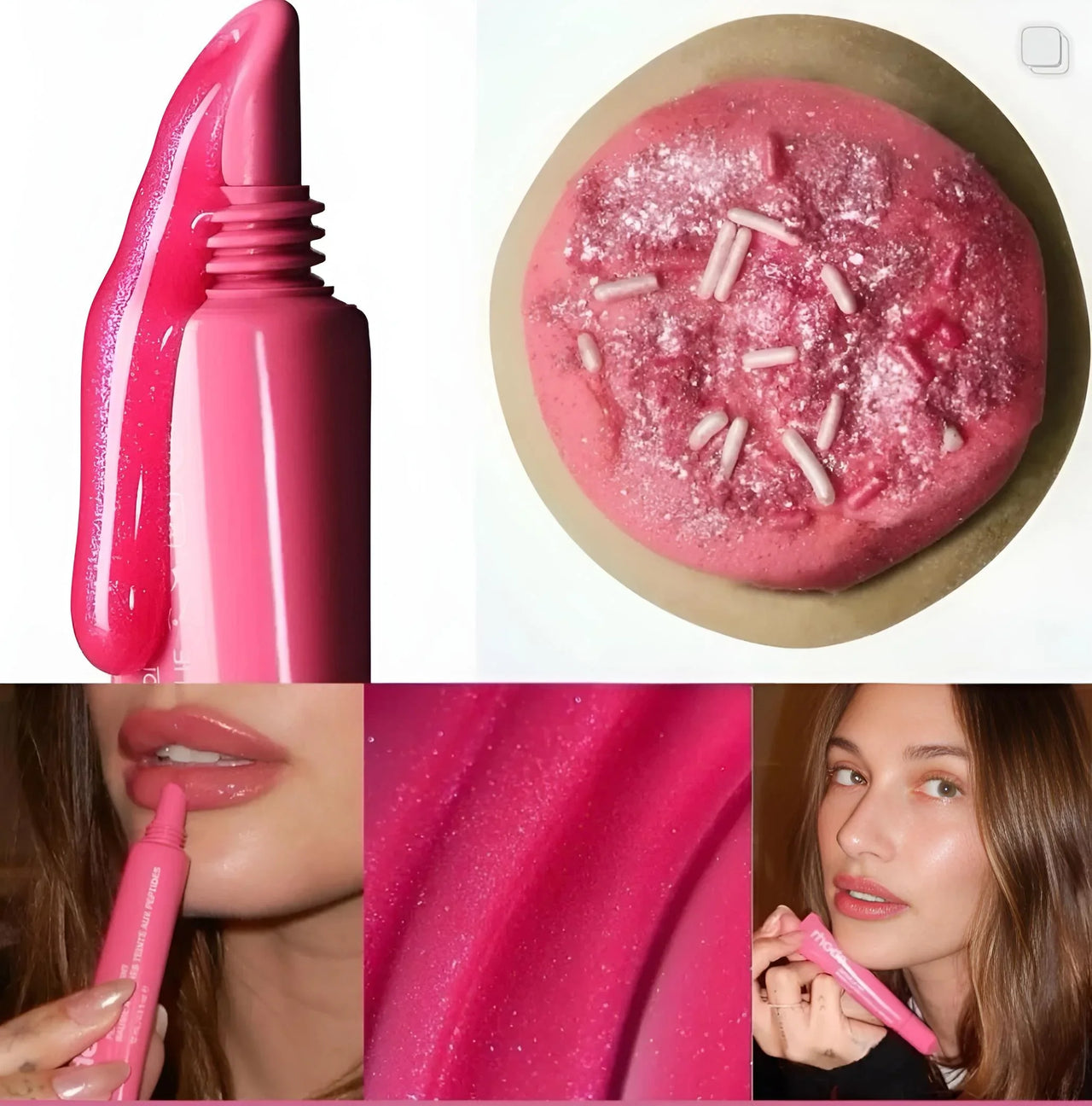 Collage of a pink sugar cookie lipgloss with close-ups, a cake, and a person using it.