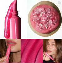 Thumbnail for Collage of a pink sugar cookie lipgloss with close-ups, a cake, and a person using it.