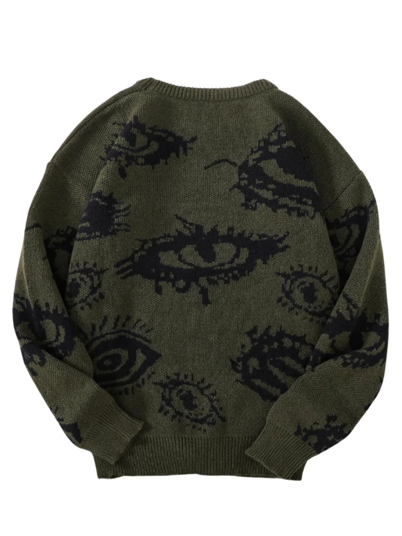Green sweater with black eye pattern on a white background