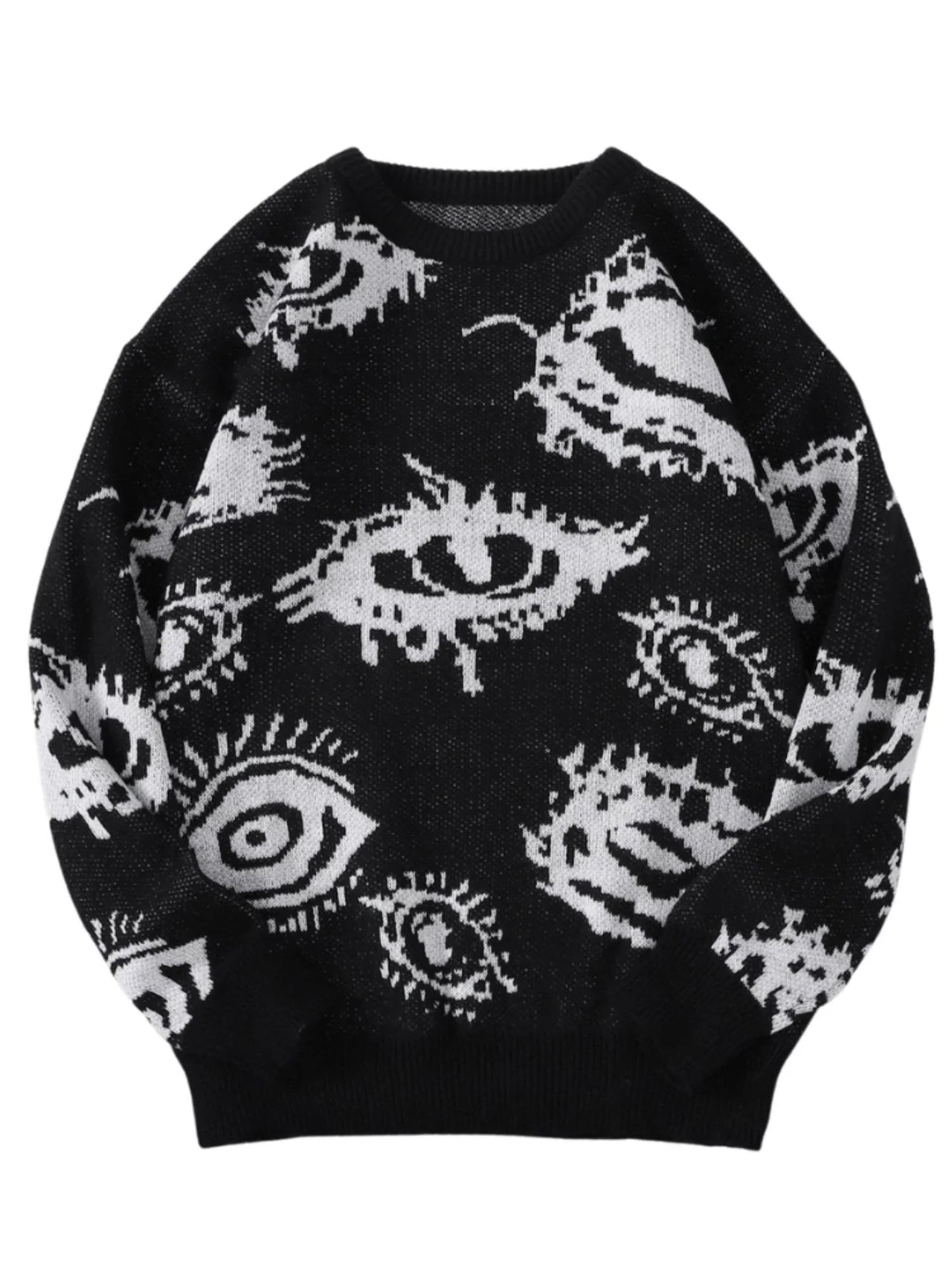 Black sweater with white eye pattern on a white background