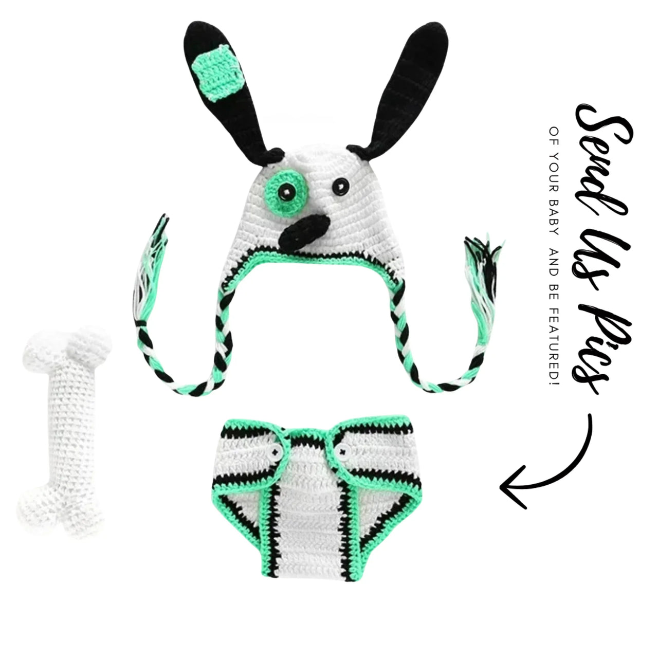 Crocheted dog-themed baby hat and diaper set with green accents on a white background.