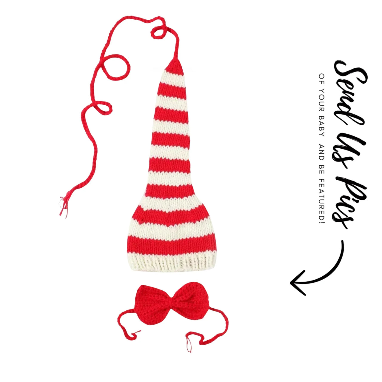 Red and white striped baby hat with matching bow tie on a white background