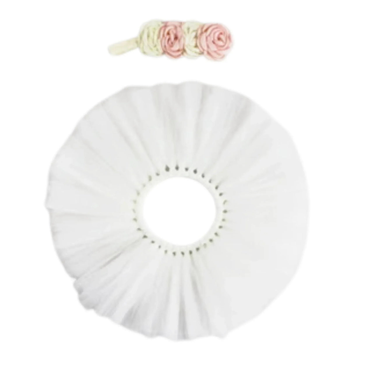 White baby bib with floral headband on a white background