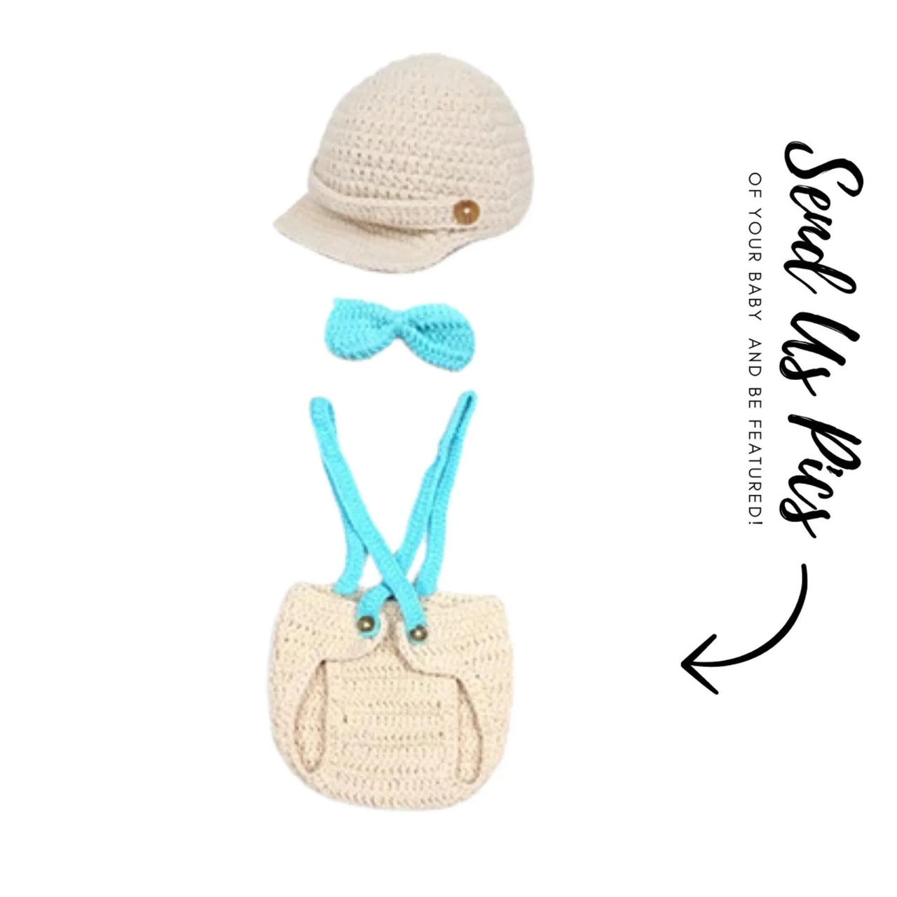 Crocheted baby outfit with hat, bag, and headband on a white background