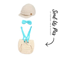 Thumbnail for Crocheted baby outfit with hat, bag, and headband on a white background