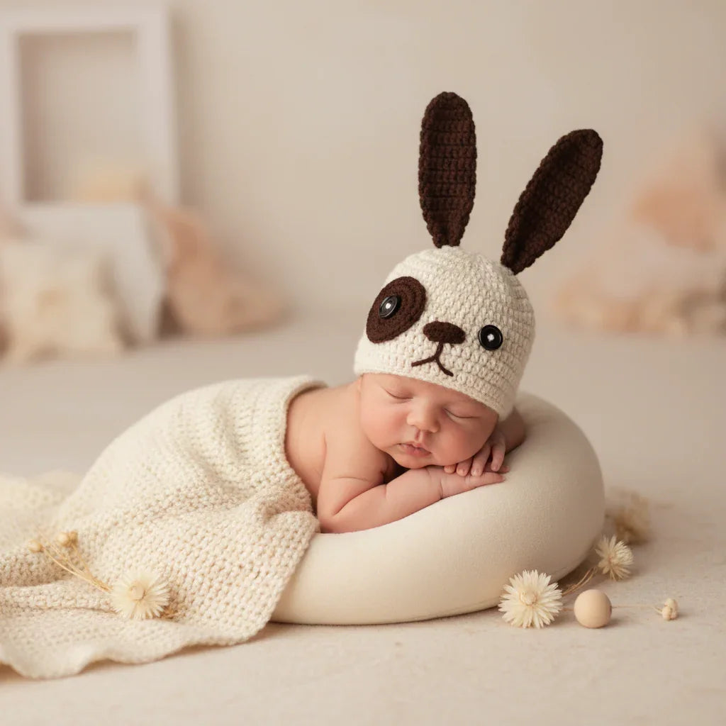 Newborn baby wearing a crocheted bunny hat on a soft surface with blurred background