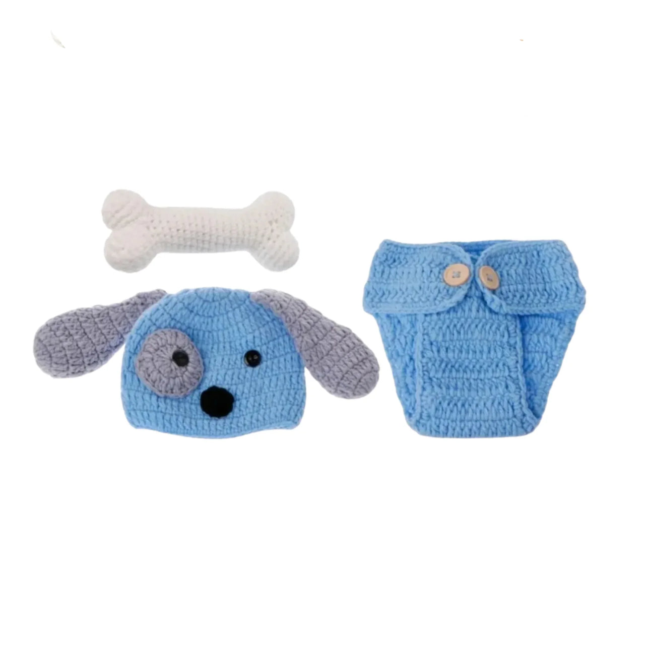 Blue crochet dog outfit with diaper and bone on a white background