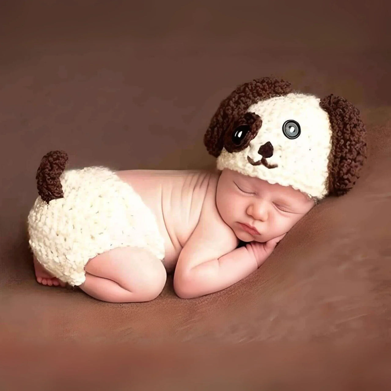 Newborn baby wearing a crocheted dog hat and diaper on a brown background