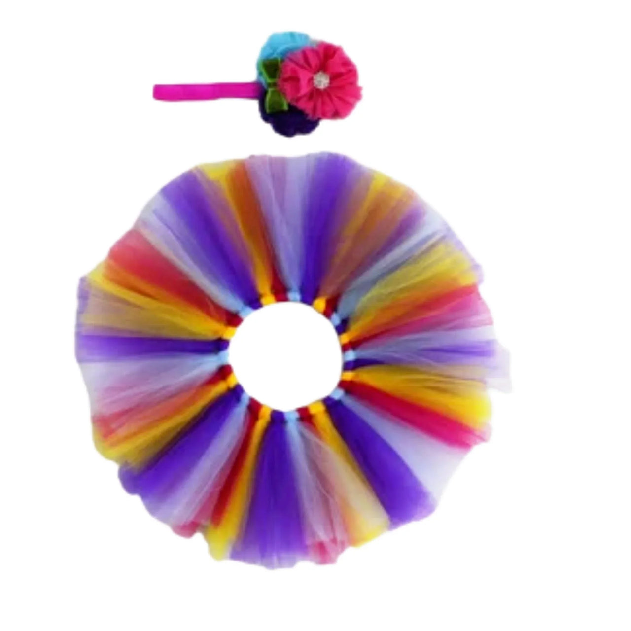 Colorful tutu and headband set on a white background