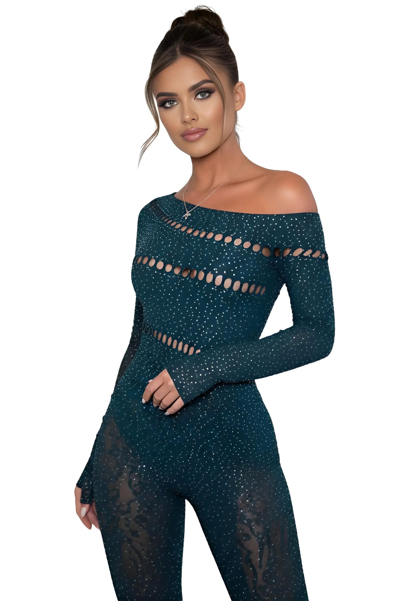 Woman wearing a dark green, long-sleeve, form-fitting outfit with cut-out details on a white background