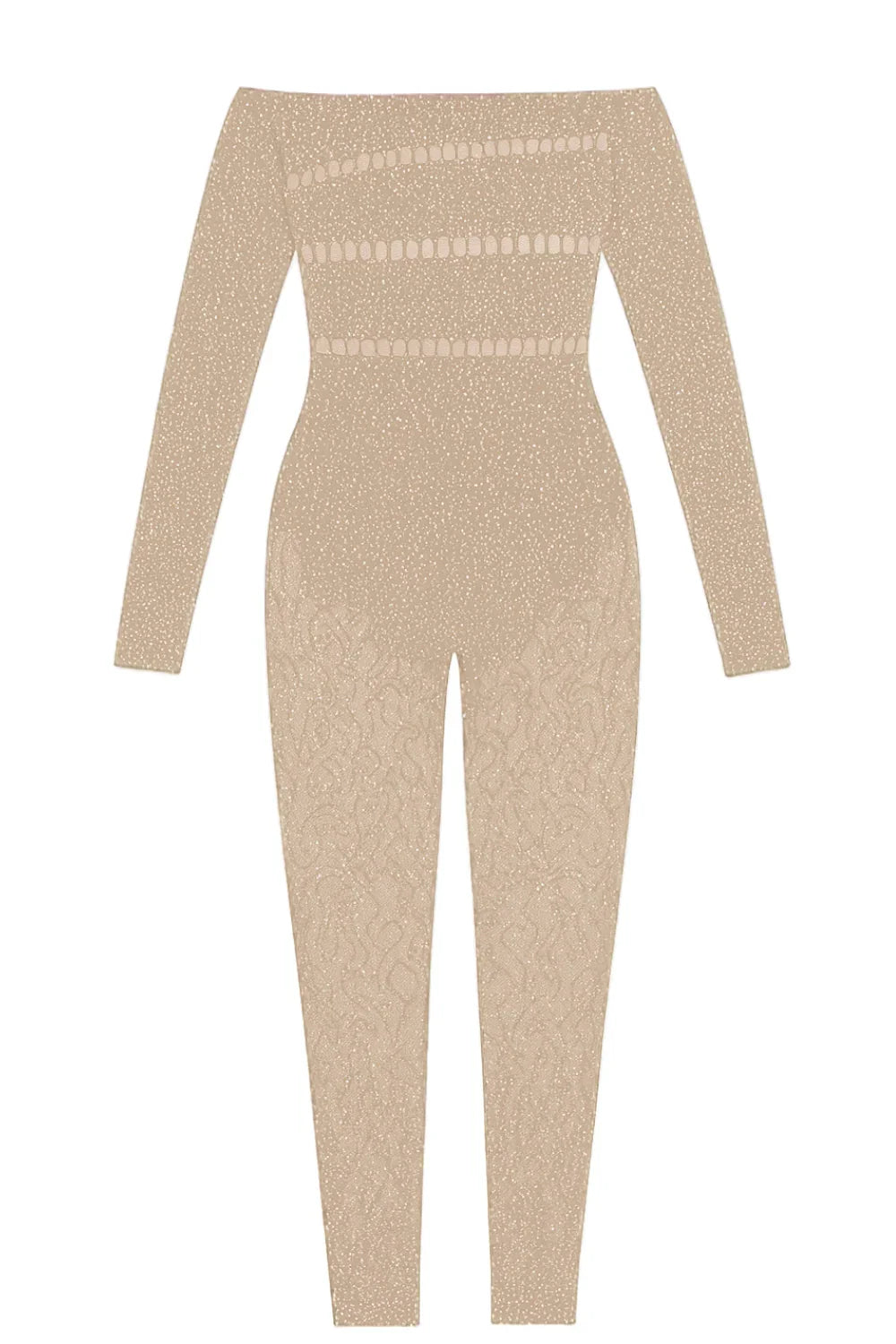 Beige knit outfit with long sleeves and a fitted design on a white background
