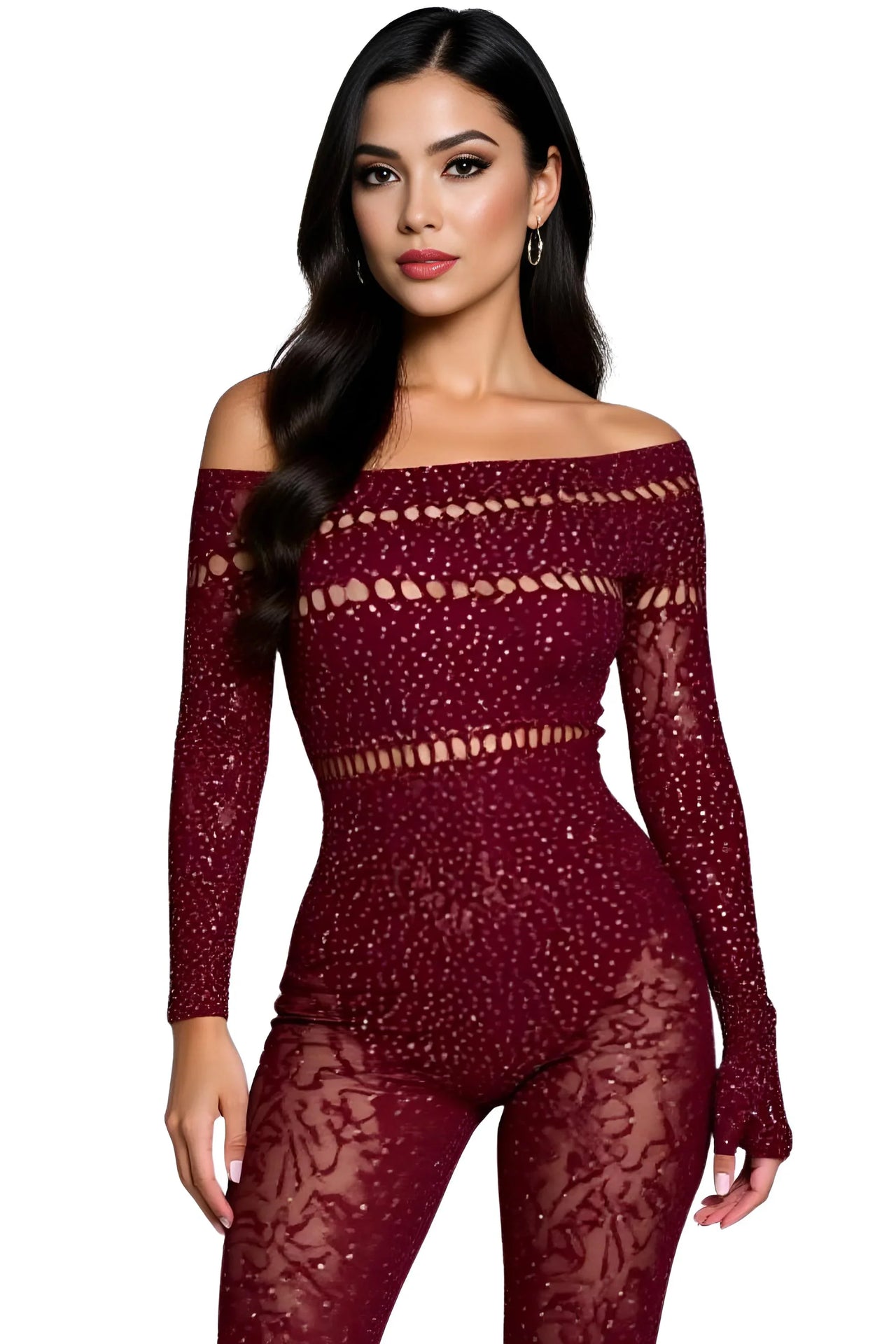 Woman wearing a burgundy off-shoulder lace top and pants on a white background