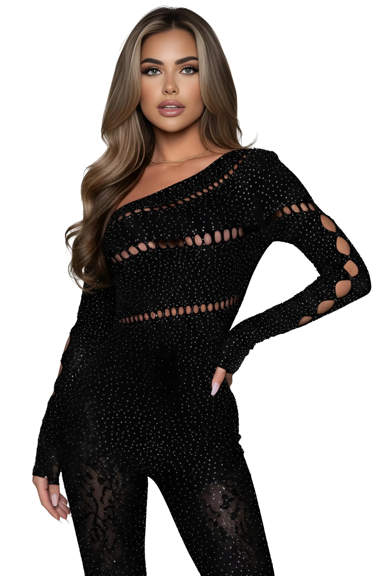 Woman wearing a black, long-sleeve, cut-out top on a white background