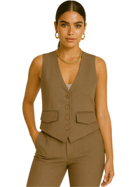 Thumbnail for Woman wearing a khaki brown vest and pants set on a white background