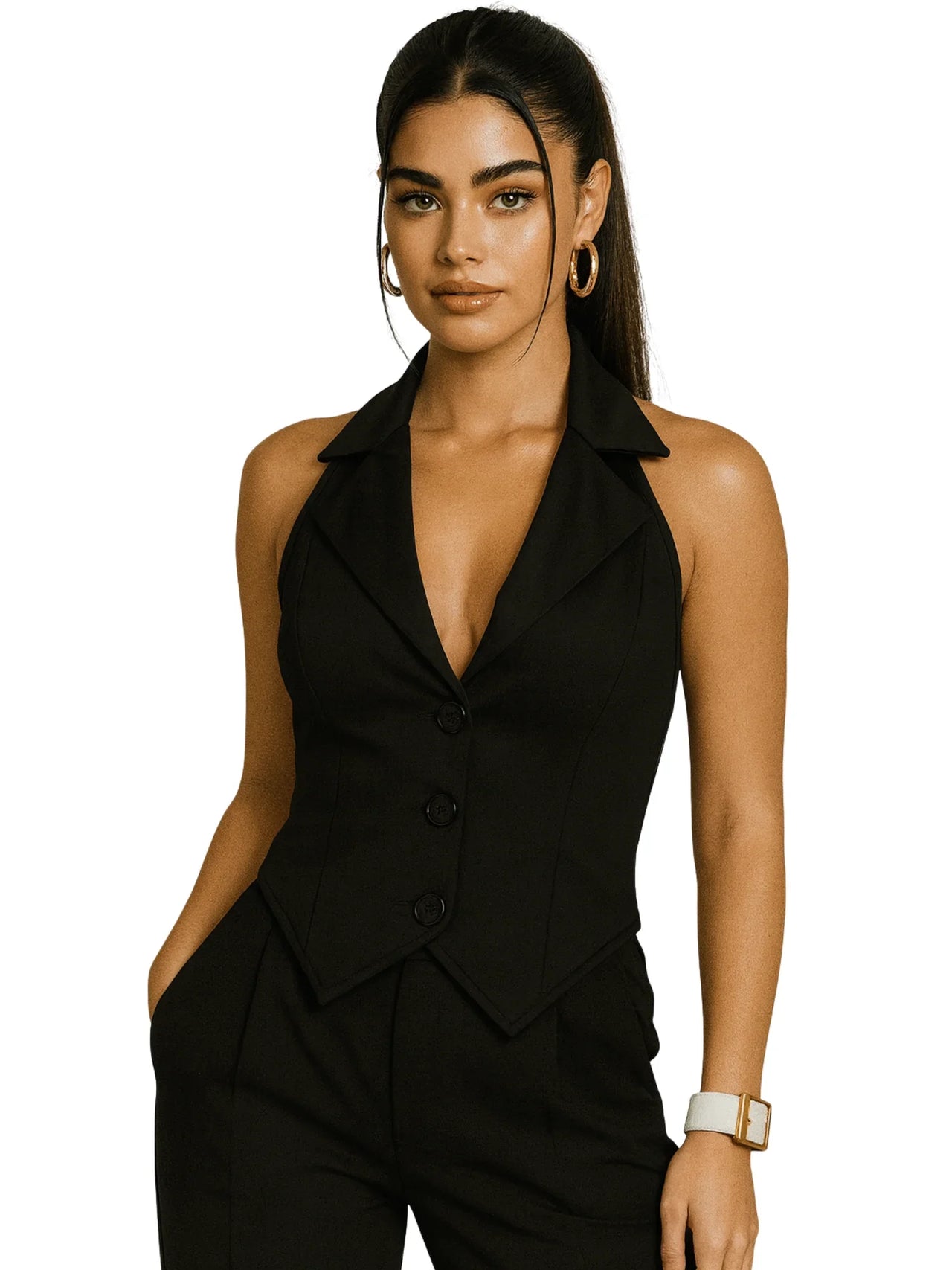 Woman wearing a black sleeveless vest on a white background