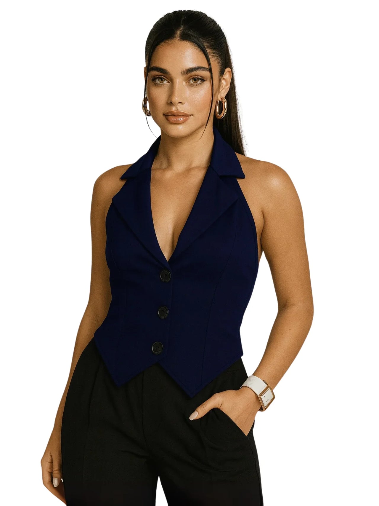 Woman wearing a navy blue sleeveless vest on a white background