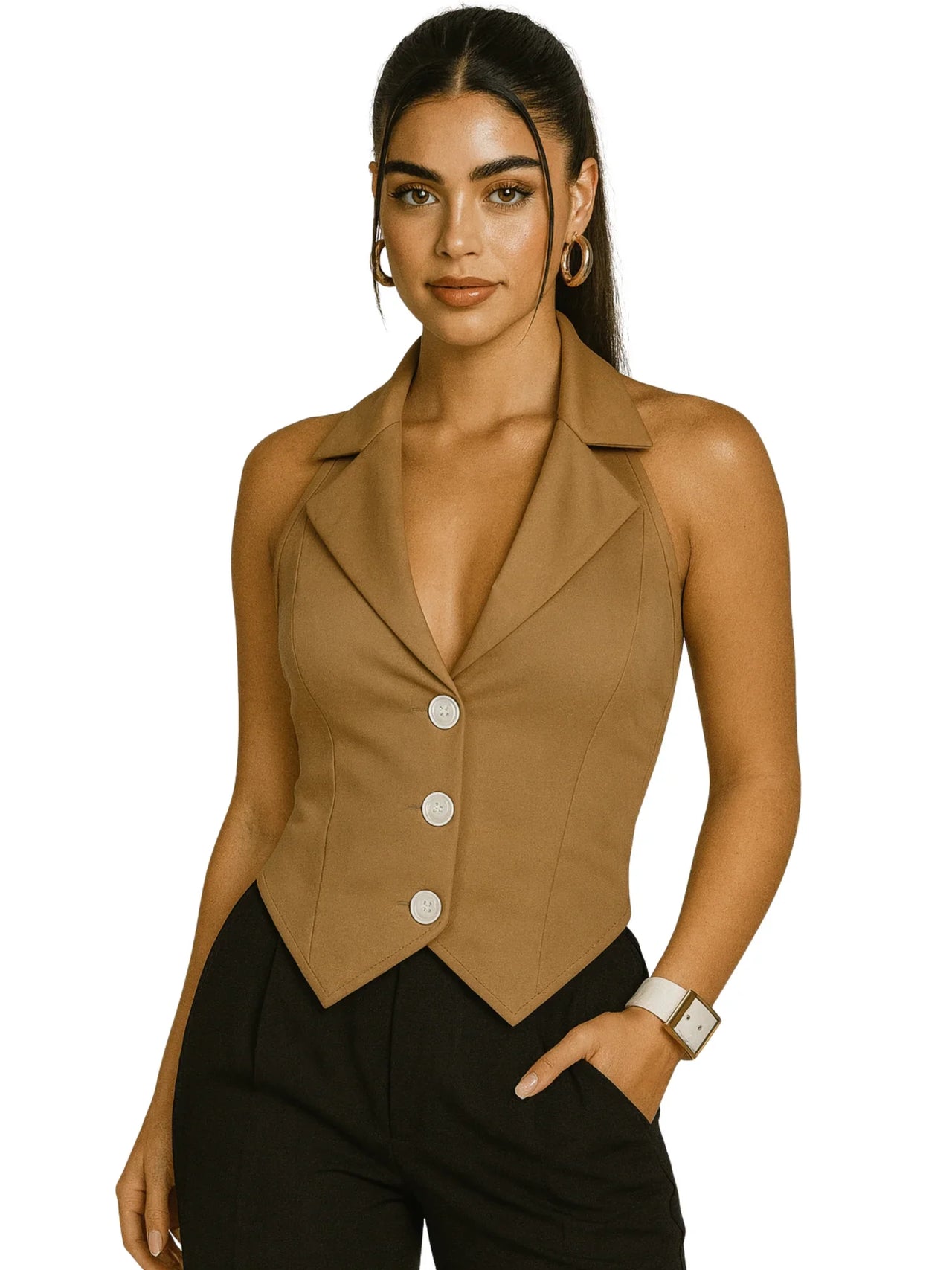 Woman wearing a khaki vest with buttons on a white background