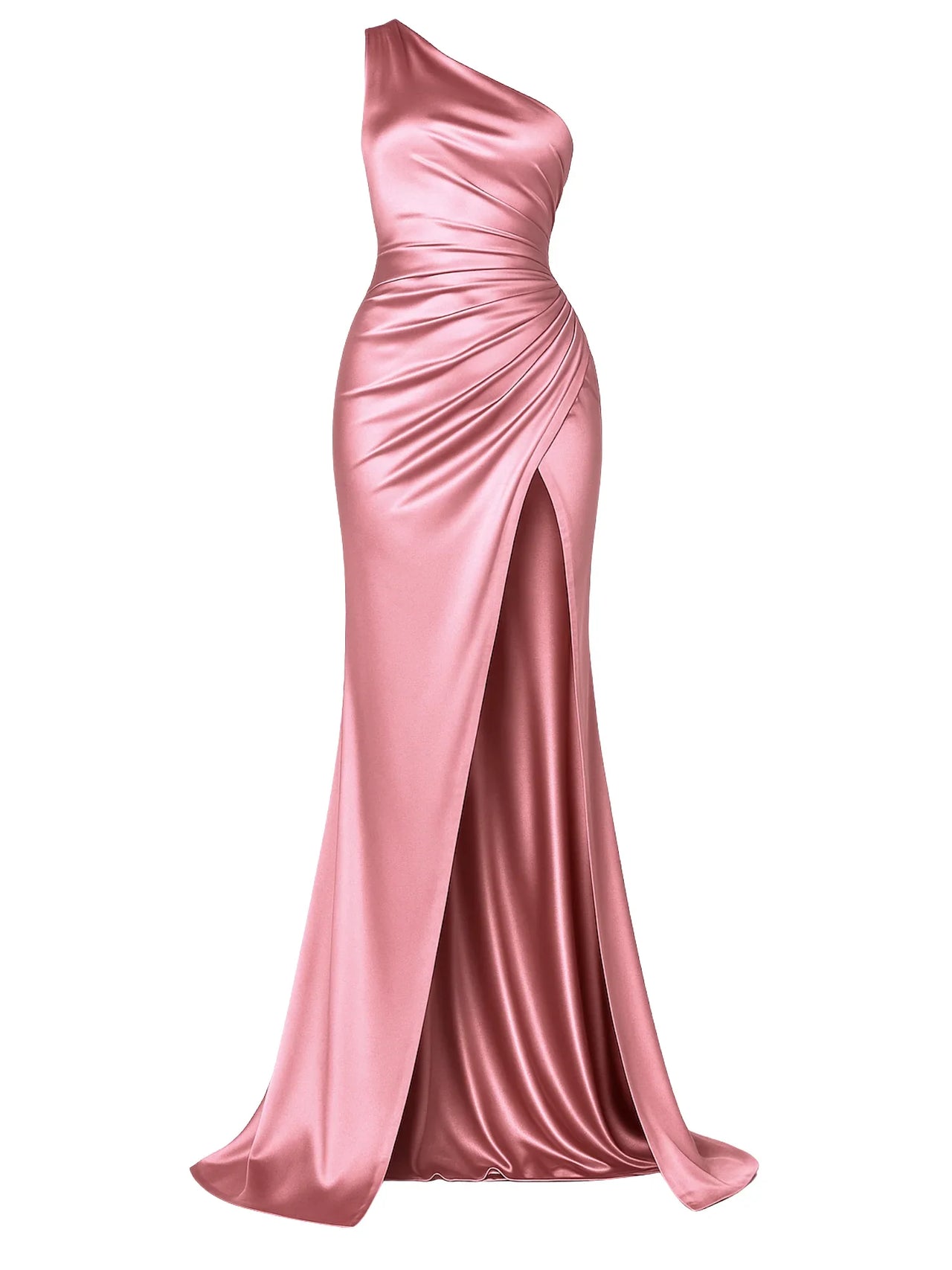 Pink one-shoulder draped maxi dress with a high slit on a white background