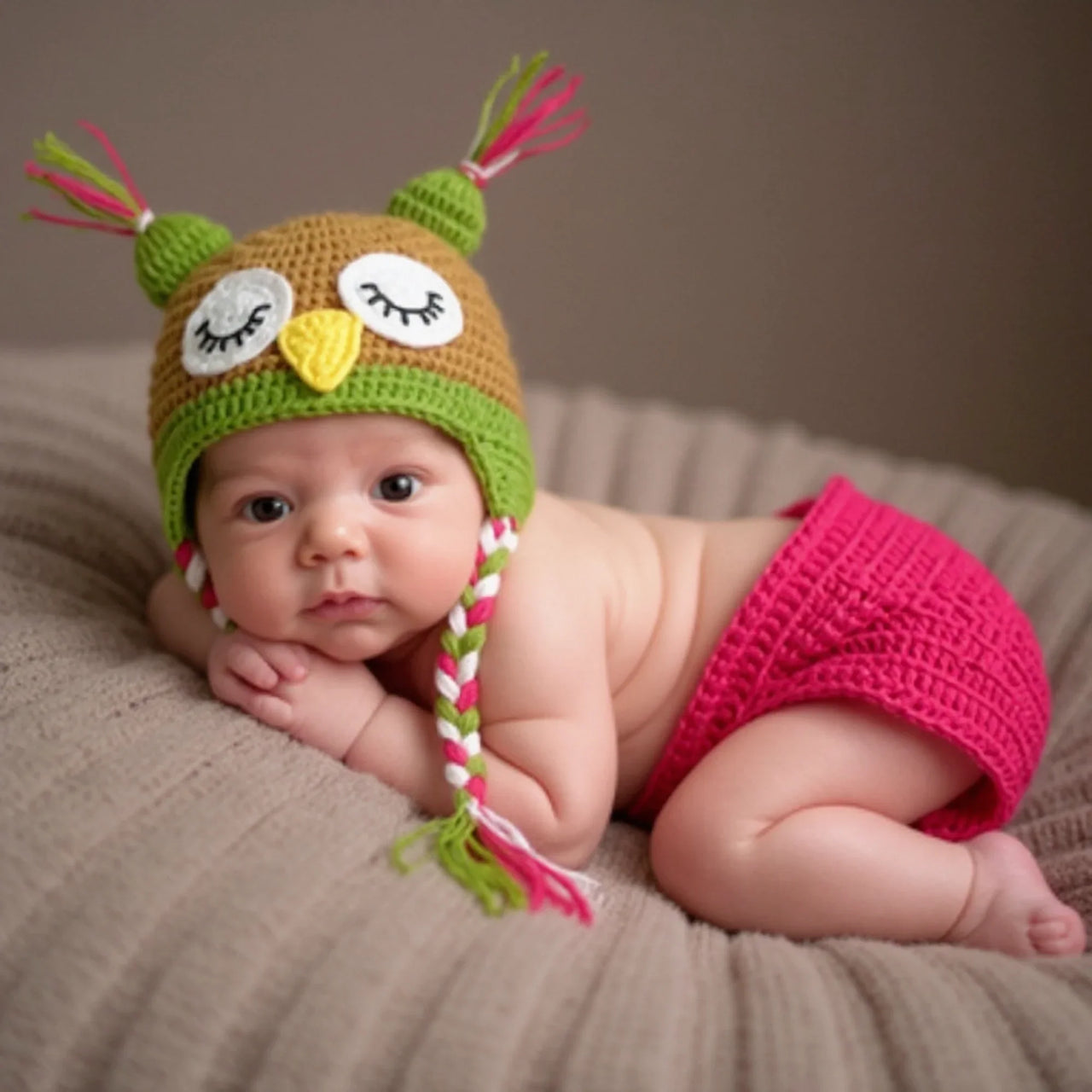 Baby wearing a crocheted owl hat and pink diaper cover on a neutral background