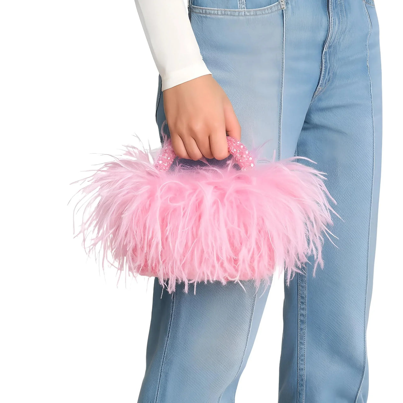 Pearl Bead Handle Bag with Ostrich Feathers -, Handbags, Wallets & Cases , Drestiny , Australia, Black, Blue, Deep Pink, Green, Handbags, Light Blue, M, New Zealand, Orange, Purple, Purses, Red, United Kingdom, United States, Yellow , Drestiny , www.shopdrestiny.com