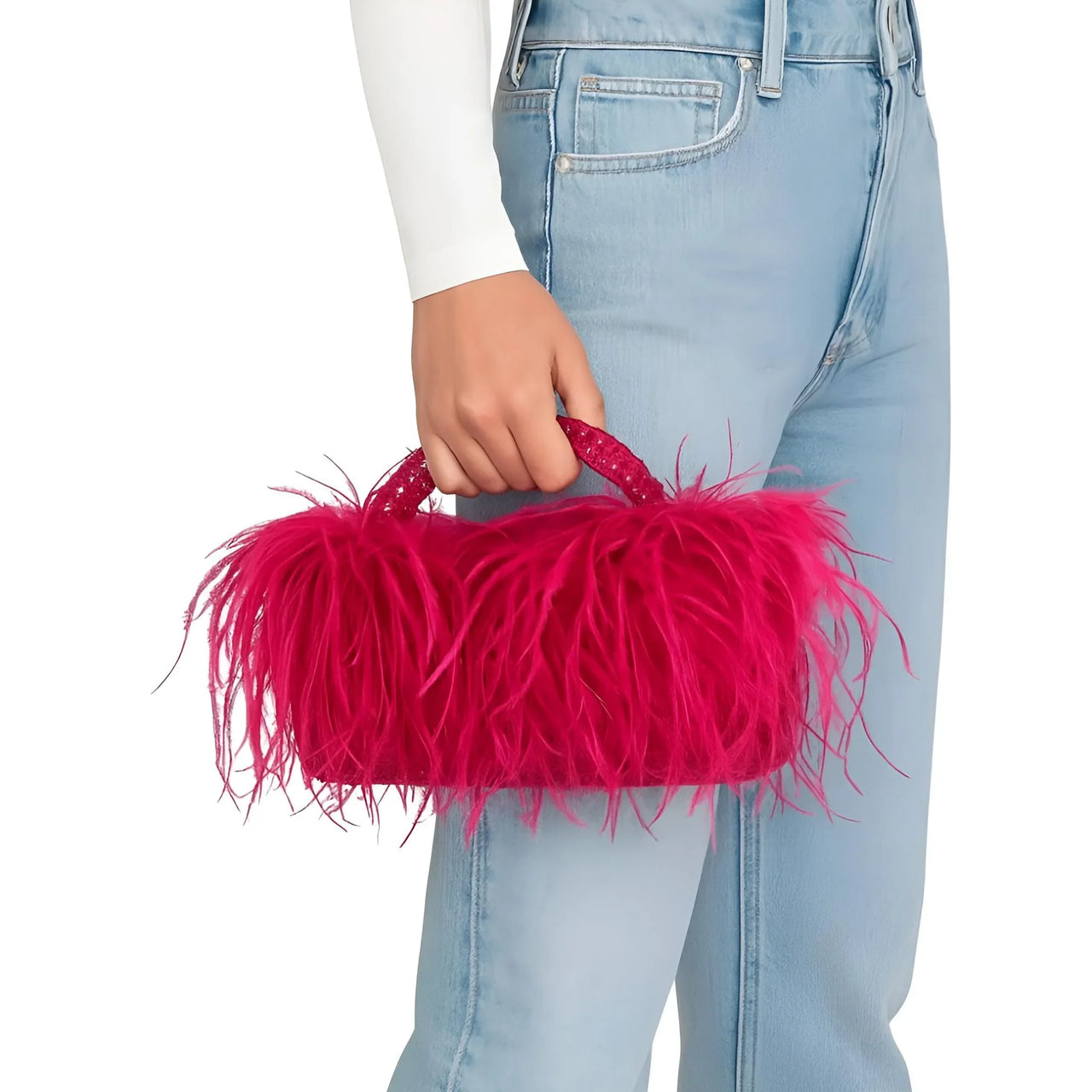 Pearl Beaded Handle Ostrich Feather Handbag -, Handbags, Wallets & Cases , Drestiny , Australia, Black, Blue, Deep Pink, Green, Handbags, Light Blue, M, New Zealand, Orange, Purple, Purses, Red, United Kingdom, United States, Yellow , Drestiny , www.shopdrestiny.com
