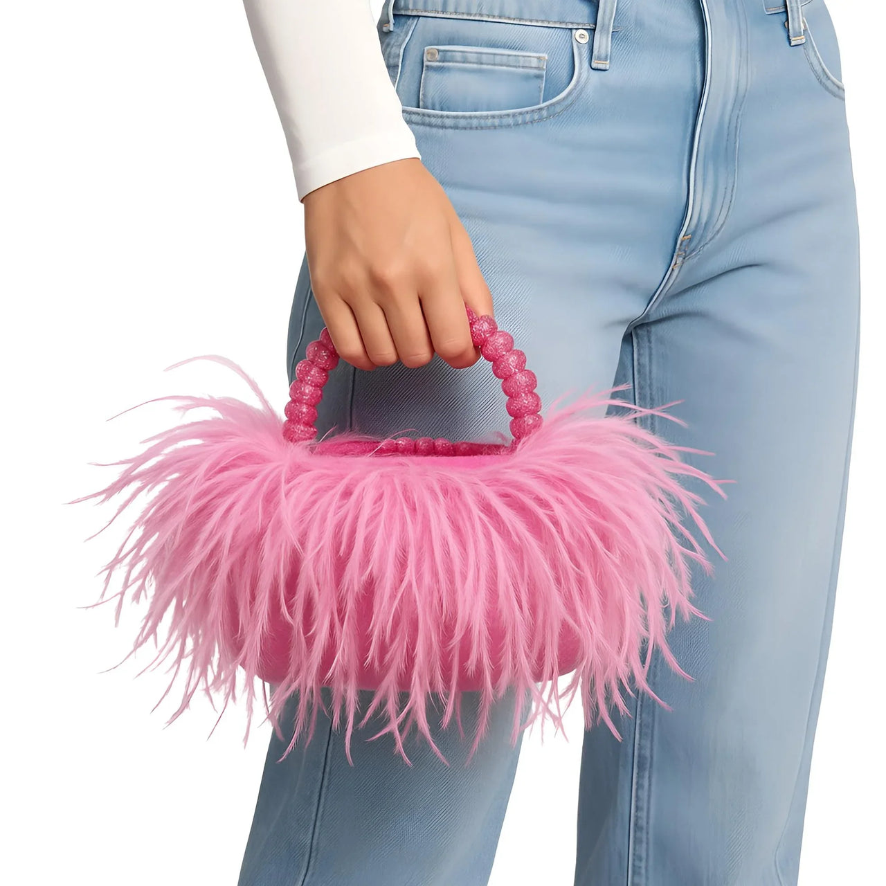 Pearl Beaded Handle Ostrich Feather Handbag -, Handbags, Wallets & Cases , Drestiny , Australia, Black, Blue, Deep Pink, Green, Handbags, Light Blue, M, New Zealand, Orange, Purple, Purses, Red, United Kingdom, United States, Yellow , Drestiny , www.shopdrestiny.com