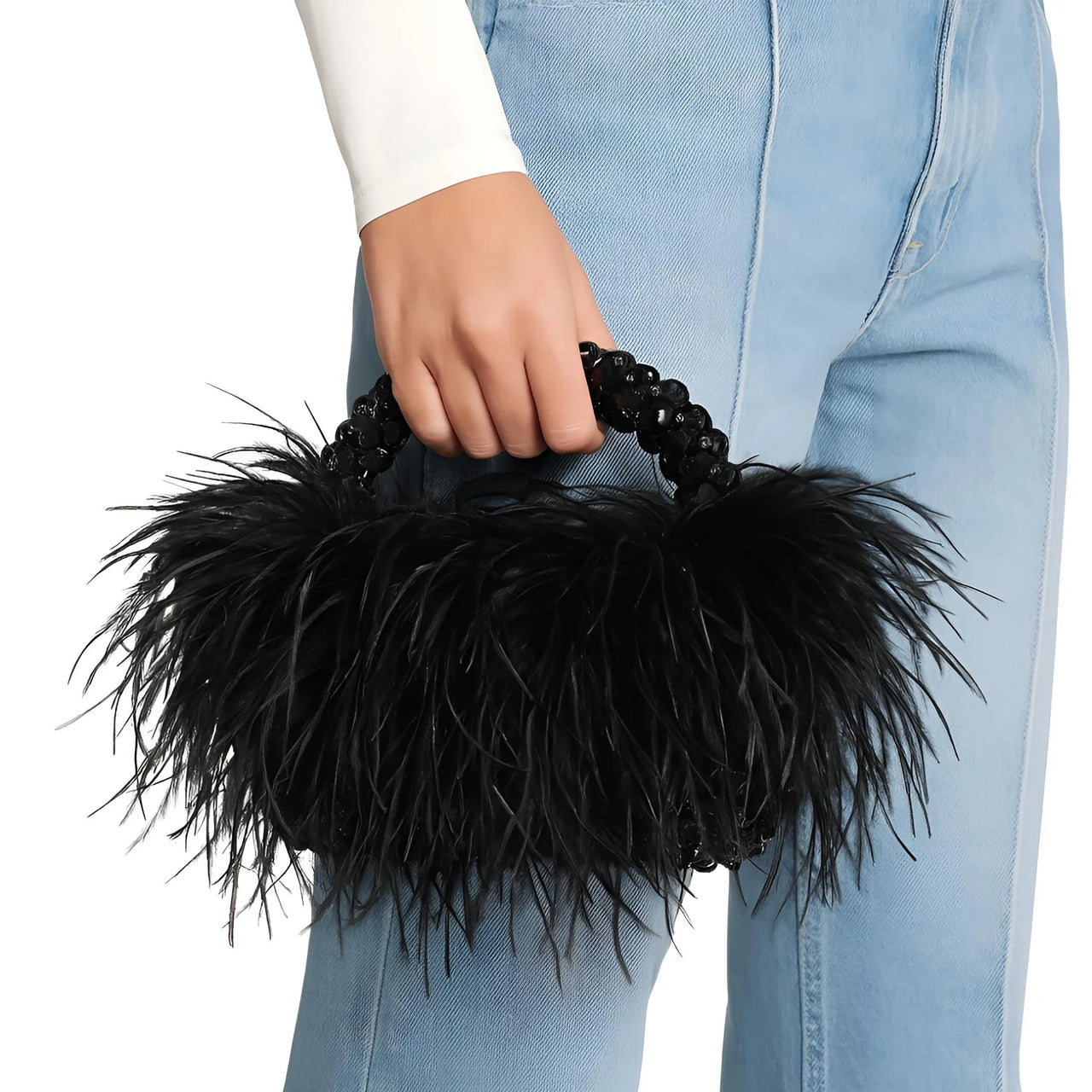 Pearl Beaded Handle Ostrich Feather Handbag -, Handbags, Wallets & Cases , Drestiny , Australia, Black, Blue, Deep Pink, Green, Handbags, Light Blue, M, New Zealand, Orange, Purple, Purses, Red, United Kingdom, United States, Yellow , Drestiny , www.shopdrestiny.com