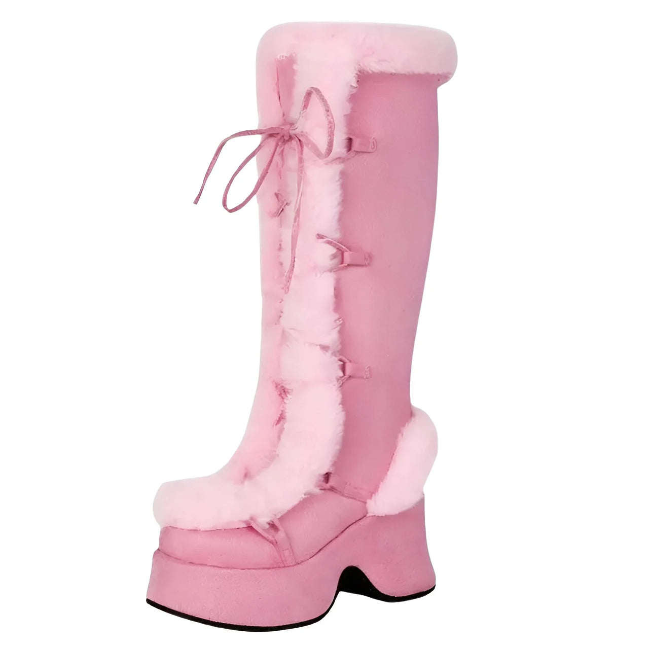 Pink knee-high boots with fur lining on a white background